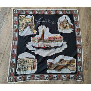 Italian Souvenir Scarf Red Satin Venezia Italy Landmarks Square 30"